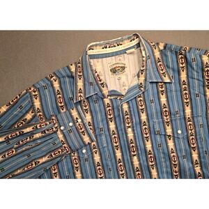 VTG Cumberland Outfitters Mens XL Tribal Southwestern Pearl Snal Shirt Blue